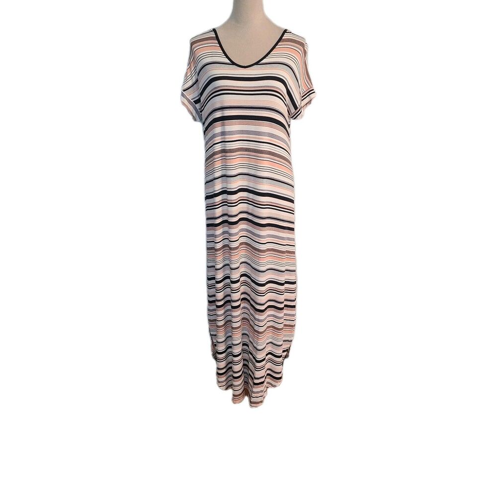 LuLa Roe Macy V-Neck Maxi Dress S Gray Pink Coastal Boho Slit Hem Striped Comfy